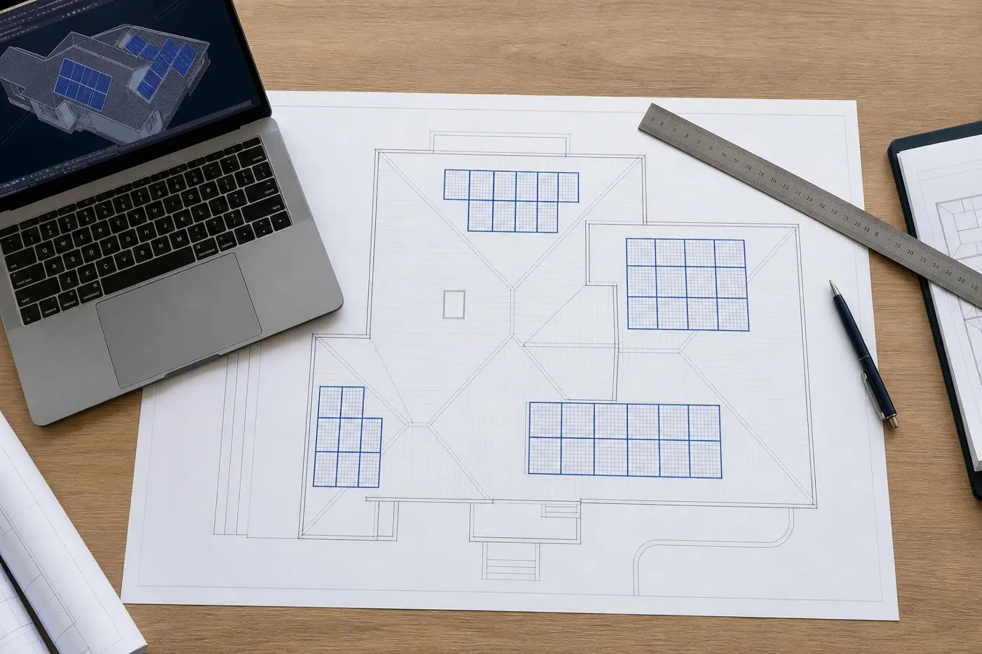 Solar roof layout drawing on a desk
