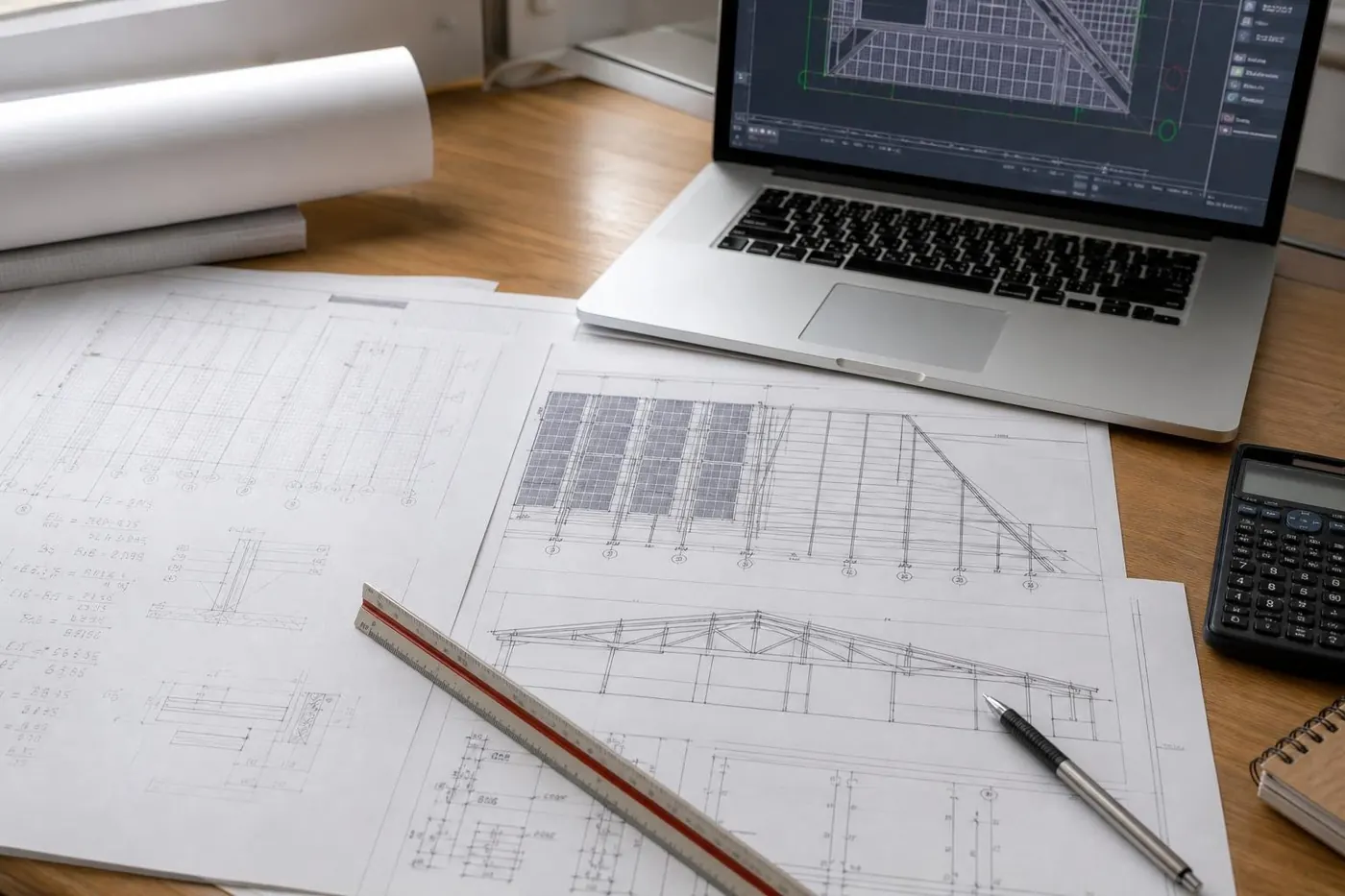Structural drawings and calculations on an engineer's desk