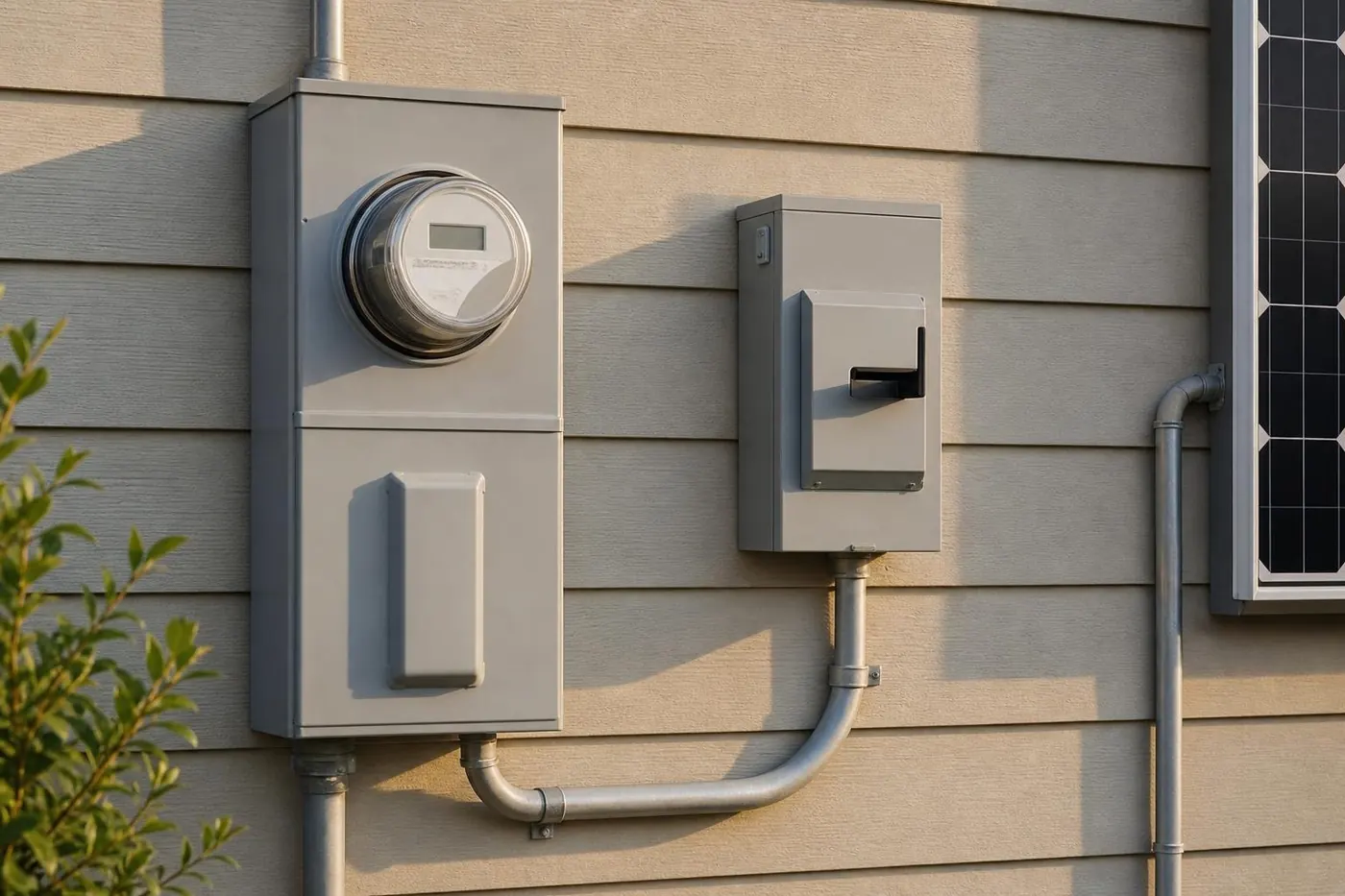Utility meter and solar disconnect on the wall of a house